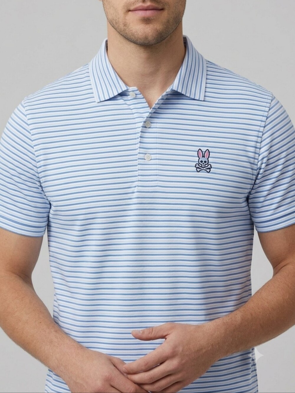 Psycho Bunny Men’s Striped Pima Cotton Polo Shirt Blue/White Size 4 (Small)